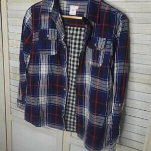 Joe Fresh Boys Size XL 14 Regular Button Down Plaid Shirt Red Gray Blue White